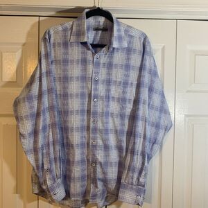 Johnston Murphy Men's Shirt‎ Large Blue/White Tailored Fit Long Sleeve Button Up